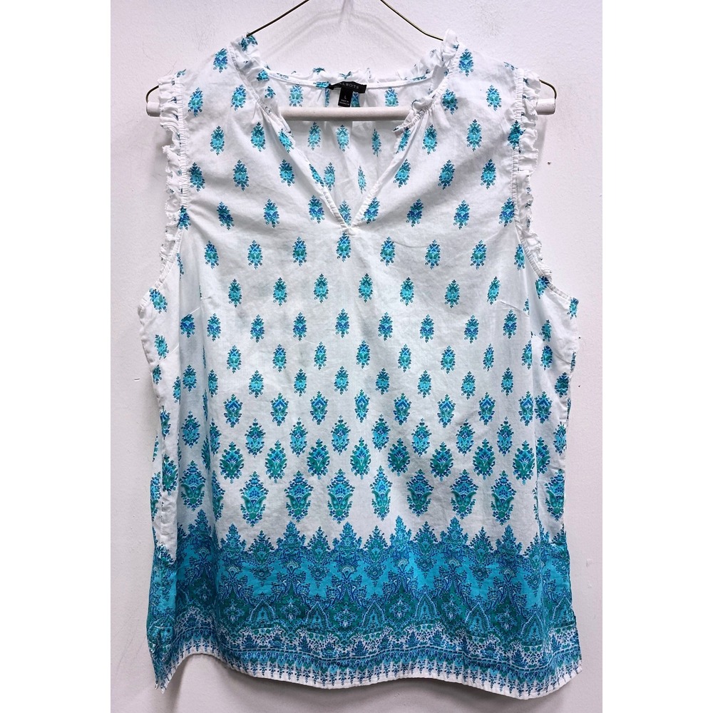 Talbots Sleeveless Top Womens Large White Blue Paisley‎ Ruffle BOHO Peasant
